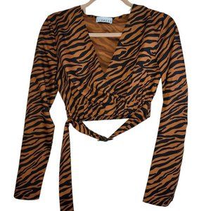 Lioness🐅 Copper Black Animal Tiger Print Faux Wrap Belted Crop Top Women Size S